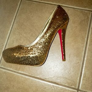 Glitter/ Sparkle Gold Heels with Hot Pink Bottoms